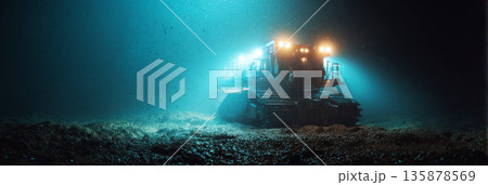 A heavy tracked mining vehicle moves slowly on the deep ocean floor. Its machinery lights illuminate the dark water, revealing the surrounding environment, banner 135878569