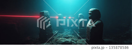 An autonomous underwater drone scans stone columns and statues using a laser grid and beams of light through murky water at a historical site. The technology captures details effectively, banner 135878586