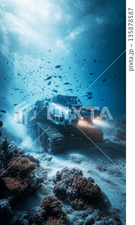 Crabs and other benthic invertebrates move away as a robotic excavator works on the seafloor. The scene shows an underwater environment disturbed by machinery 135878587