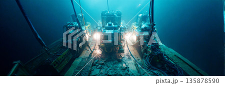 Robotic mining units work underwater to extract minerals while connected by cables and suction hoses. The scene shows the machines at work in a deep location, banner Robotic mining units work underwater to extract minerals while connected by cables and suction hoses. The scene shows the machines at work in a deep location, banner 135878590