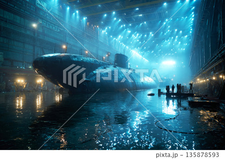 Engineers calibrate submersible sensors in a large maintenance hangar at sea. Steam rises while reflections shimmer on the water surface, creating a unique working environment Engineers calibrate submersible sensors in a large maintenance hangar at sea. Steam rises while reflections shimmer on the water surface, creating a unique working environment 135878593
