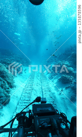 Tracks flatten coral in the ocean while fish swim away from the vehicle towards dark water. Robot lights cut through the thick water offering a glimpse into the depths 135878596