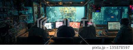 Crew members are focused on the control panels as a remotely operated vehicle is lifted into the water. The view shows the underwater scene through a large glass window, banner 135878597
