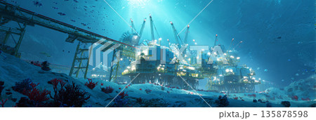 View of a mining complex underwater with modular habitat domes and robotic machines. Deep-sea creatures swim among the structures. Bright lights illuminate the scene, banner 135878598