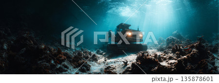 A tracked industrial machine works on coral formations and sponges at the ocean floor. The bright colors of the coral contrast with the dark machine in clear water, banner 135878601