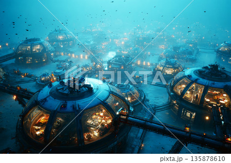 View of a mining complex underwater with modular habitat domes and robotic machines. Deep-sea creatures swim among the structures. Bright lights illuminate the scene 135878610