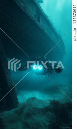 Robotic submersible uses lights to scan wooden hull of ancient galleon underwater. Sand swirls around as it uncovers coral-covered cannons at the site of the wreck 135878612