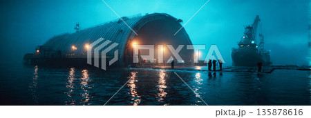 Engineers work on calibrating submersible sensors inside a large maintenance hangar at sea. Steam rises as reflections form on the water's surface, banner Engineers work on calibrating submersible sensors inside a large maintenance hangar at sea. Steam rises as reflections form on the water's surface, banner 135878616