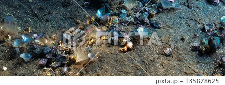Close-up view shows cobalt, nickel, and manganese nodules on the sandy seabed with small deep-sea creatures nearby. This scene reveals ocean floor life in its natural state, banner 135878625
