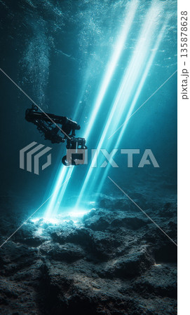 Robotic arm works on the ocean floor to gather polymetallic nodules as silt clouds billow up into the water column, with light filtering down from above 135878628