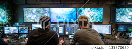 Engineers use touchscreen panels to deploy drones while observing real-time underwater images on large displays in a control room setting focused on a task, banner 135878629