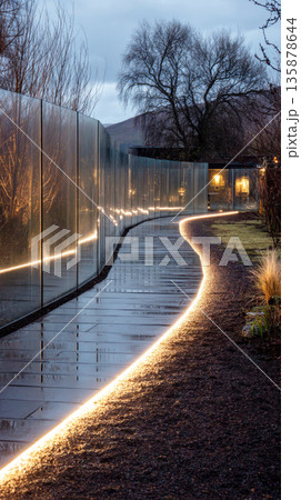 A modern glass and metal fence runs beside a brick walkway, illuminated by built-in lights. Nearby trees provide natural elements in the evening setting 135878644