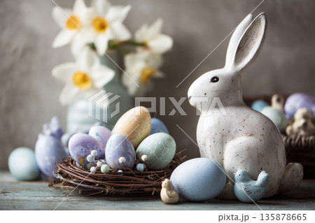 Easter still life shows a bunny next to colorful eggs in a nest. Flowers in a vase add to the scene. This arrangement is meant for holiday decoration and celebration Easter still life shows a bunny next to colorful eggs in a nest. Flowers in a vase add to the scene. This arrangement is meant for holiday decoration and celebration 135878665