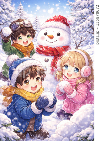雪だるまを作る子供 135878672