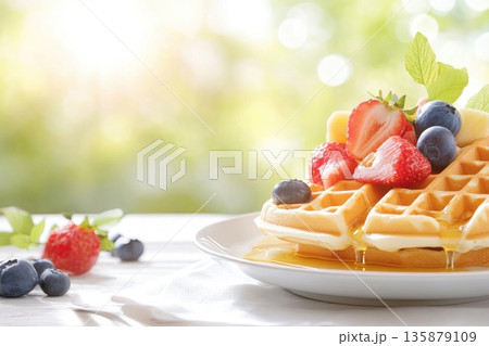 Delicious waffles with fresh berries and syrup...のイラスト素材 [135879109 ...
