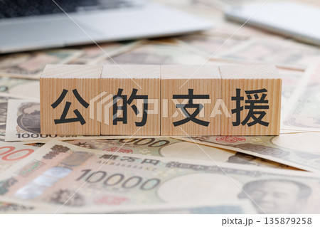 お金の上に公的支援と書かれたブロック お金の上に公的支援と書かれたブロック 135879258
