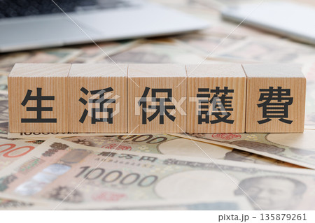 お金の上に生活保護費と書かれたブロック お金の上に生活保護費と書かれたブロック 135879261