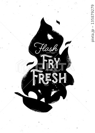 Pan fire illustration with lettering flash fry fresh 135879279