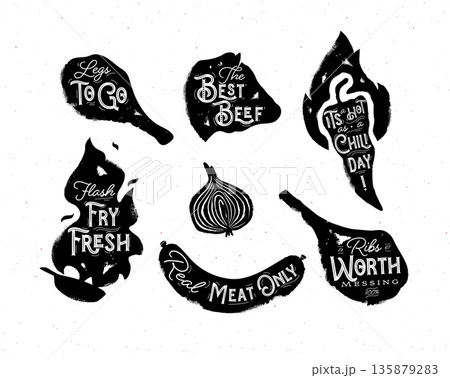 Barbecue collection grilled meat chicken leg fry pan steak chili and sausage 135879283