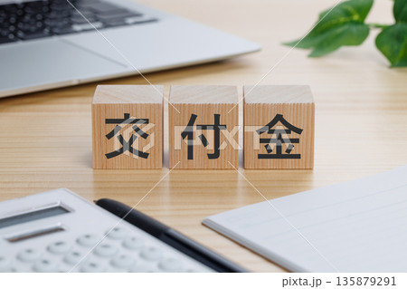 テーブルの上に交付金と書かれたブロック 135879291
