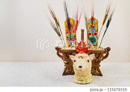 Tibetan new year losar ritual offering chemar barley sheep head 135879339