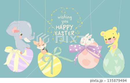 Cute Animals sitting on Easter Eggs Cute Animals sitting on Easter Eggs 135879494