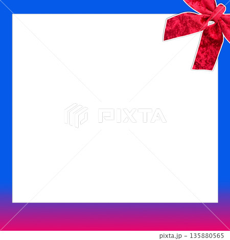 White paper in a gradient blue and pinkk frame. large red ribbon placed on the top right corner of the frame, object, decor, love, gift White paper in a gradient blue and pinkk frame. large red ribbon placed on the top right corner of the frame, object, decor, love, gift 135880565