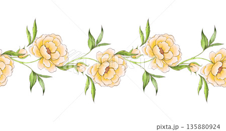 Watercolor yellow peony seamless border Watercolor yellow peony seamless border 135880924