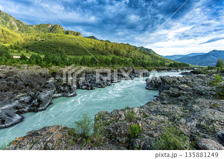 Turquoise River Valley with Picturesque Mountain Views 135881249