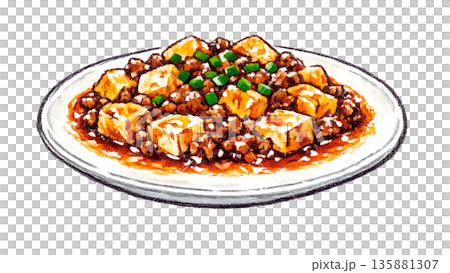 麻婆豆腐配肉末的中國菜插圖 135881307