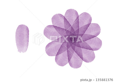 A circular purple watercolor flower with overlapping petals is displayed next to a single elongated watercolor bud. Both delicate floral elements are painted on a clean white surface. A circular purple watercolor flower with overlapping petals is displayed next to a single elongated watercolor bud. Both delicate floral elements are painted on a clean white surface. 135881376