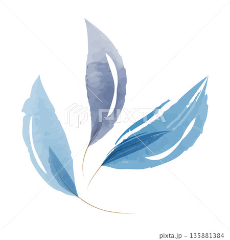 Three light and medium blue watercolor leaves are delicately arranged against a pure white background. The gentle brushstrokes create a soft, natural, and calming botanical illustration. Three light and medium blue watercolor leaves are delicately arranged against a pure white background. The gentle brushstrokes create a soft, natural, and calming botanical illustration. 135881384
