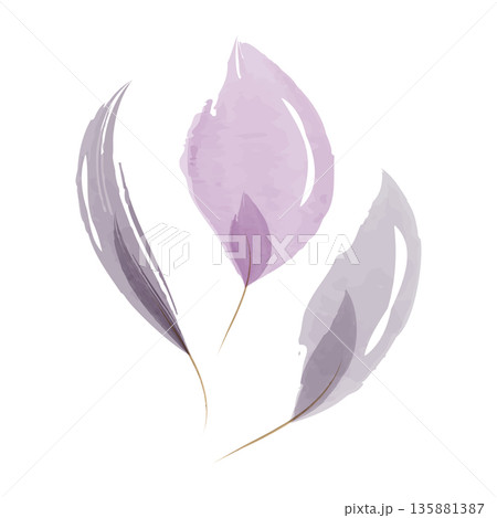 Three delicate watercolor leaves in shades of purple and grey are depicted on a clean white background. Each leaf features a soft, translucent artistic effect, suggesting a gentle botanical element. 135881387