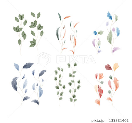 This artistic set presents various watercolor foliage designs. Delicate leaves in diverse green, blue, red, orange, and purple hues cascade gently on slender stems, creating a natural aesthetic. 135881401