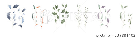 Six distinct groups of hand-painted watercolor leaves are displayed on a clean white background. 135881402