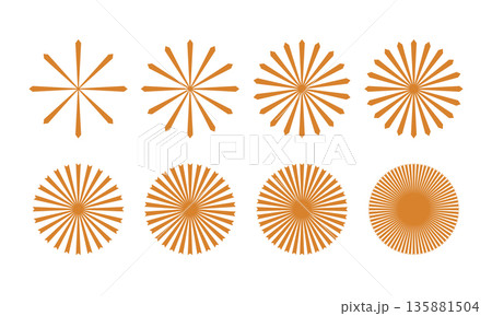 Geometric vintage concentric round sunburst, starburst with radial stripes. Circular radiating rays lines, vector abstract shapes. 135881504