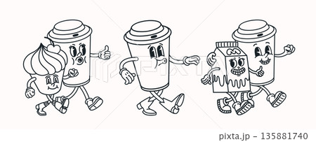 Cartoon coffee, cupcake and milk characters in retro line style. Cartoon character illustration with coffee and milk drawn in simple vintage line art for cafe branding, packaging, posters, prints 135881740