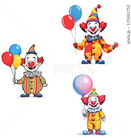 Vsai three happy cartoon clowns holding colorful balloons 135881752
