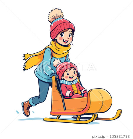 Vsai mother and child enjoying winter sleigh ride activity 135881758