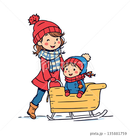 Vsai mother pulling child on sleigh in winter 135881759
