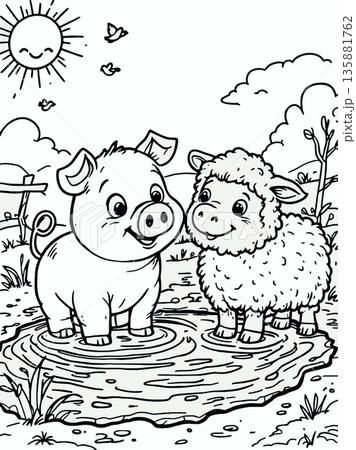 Vsai happy pig and sheep cooling off in a puddle on a sunny day Vsai happy pig and sheep cooling off in a puddle on a sunny day 135881762