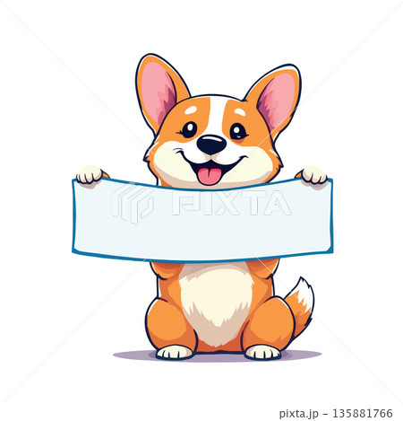 Vsai corgi dog cartoon holding blank banner sign Vsai corgi dog cartoon holding blank banner sign 135881766