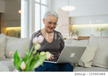Confident stylish happy middle aged senior woman using laptop at home. Stylish older mature 60s grandmother sitting at couch looking at computer screen typing chatting reading writing email 135881868