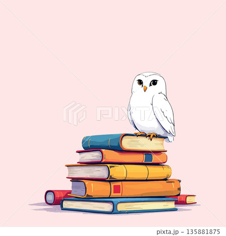 Vsai white owl sitting on a stack of knowledge books 135881875