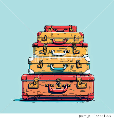 Vsai stacked vintage suitcases preparing for a journey 135881905