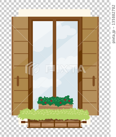 Illustration of a sunny window with white clouds reflected 135882782