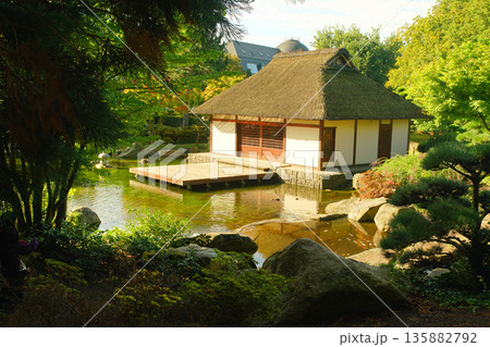 Teahouse and nature in Japanese garden in Hamburg Teahouse and nature in Japanese garden in Hamburg 135882792