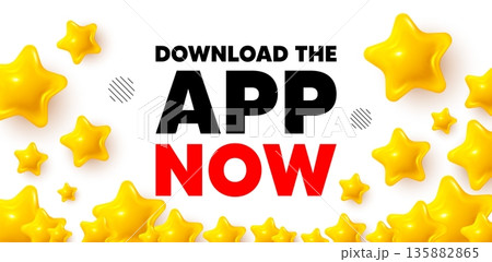 Download app winner banner with 3d stars. Golden stars banner. Download the app now. Web application sign. Get program software symbol. Review rate background. Vector 135882865