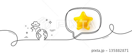 Fraud line icon. Continuous line with 3d star. Spy of thief sign. Cyber hack symbol. 3d star in speech bubble. Fraud single line ribbon. Loop curve pattern. Vector 135882871