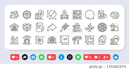 Paint roller, Wholesale goods and Cogwheel line icons pack. Social media: share, comment, like icons. Realtor, Power certificate, Greenhouse web icon. Vector 135882874